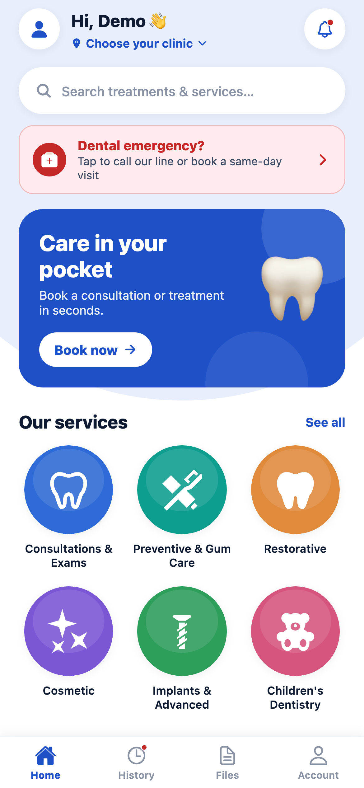 Brampton Dentists app — home screen